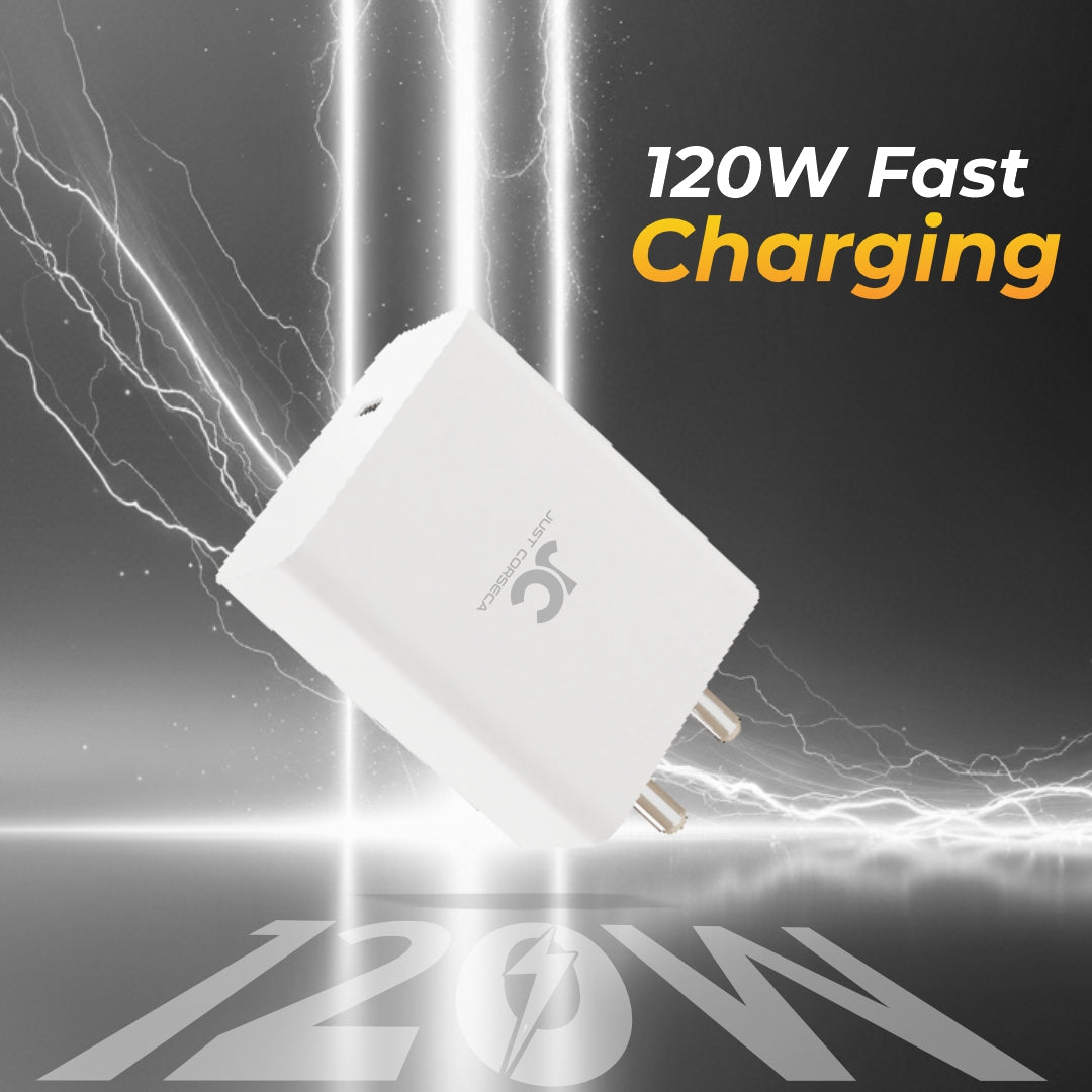 JUST CORSECA JST974 SSPEED PD120W Travel Charger | 120W Super Fast Charging with USB-C to USB-C Cable | Multi-Protocol Support (Flash 120W, Super VOOC, QC 3.0, PD/PPS) | Over-Heat & Over-Charge Protection